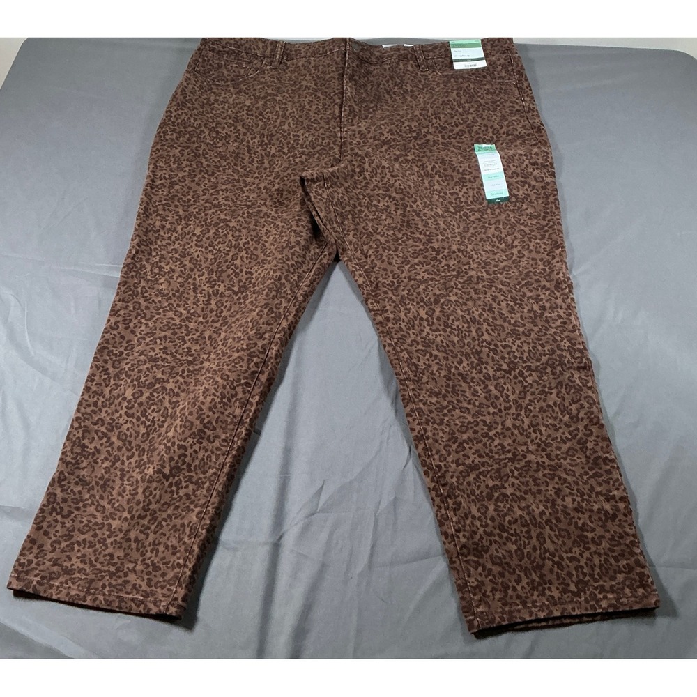 Terra & Sky Womens 24W Petite High Rise Straight Leg Leopard Print Pants Brown‎
